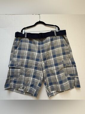 PLAID DENIM SHORTS GREY BLUE W NAVY CANVAS BELT CARGO PANTS NWT SIZE 46